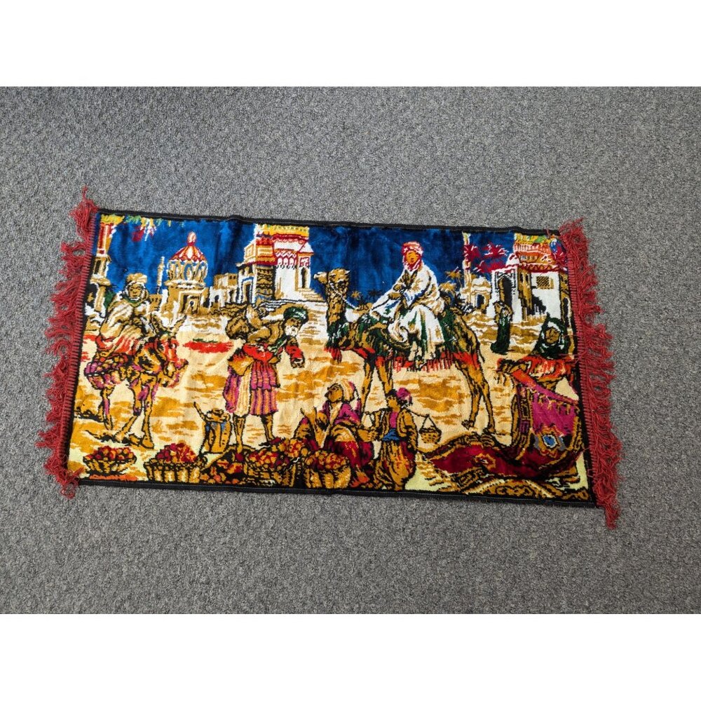 Large Velvet Vintage Tapestry Arabic Rug Market Sceme Camel Market Wall Hanging